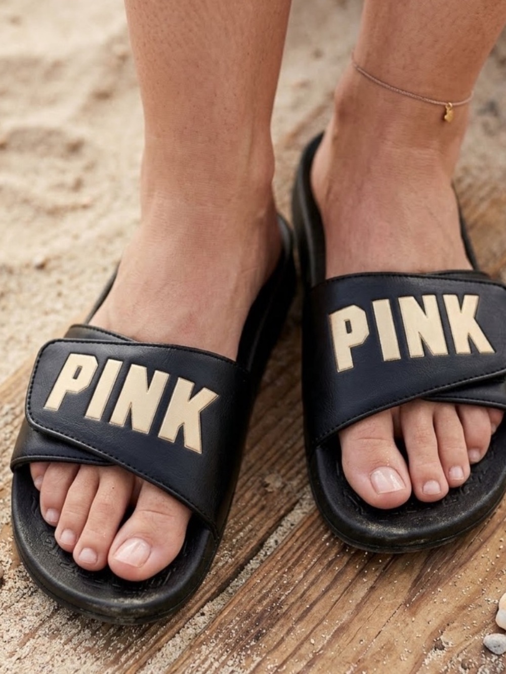 Victoria's Secret Pink Crossover Strap Logo Slides Black/ Gold Logo Sz M Beach